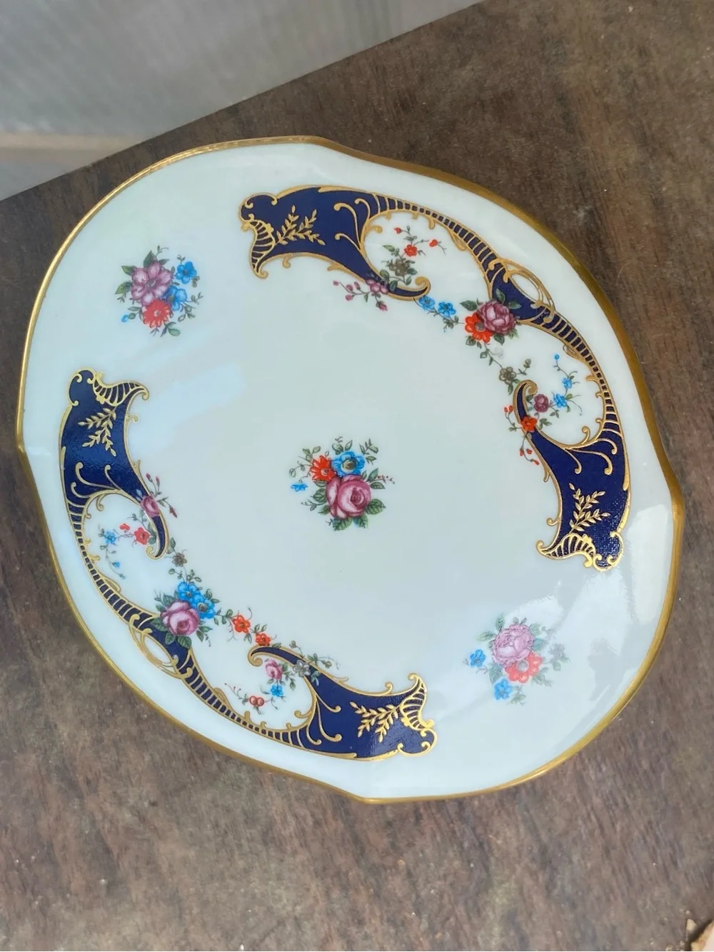 Vintage Portugal Porcelain Trinket Dish Delicate Floral Blue Gold Design